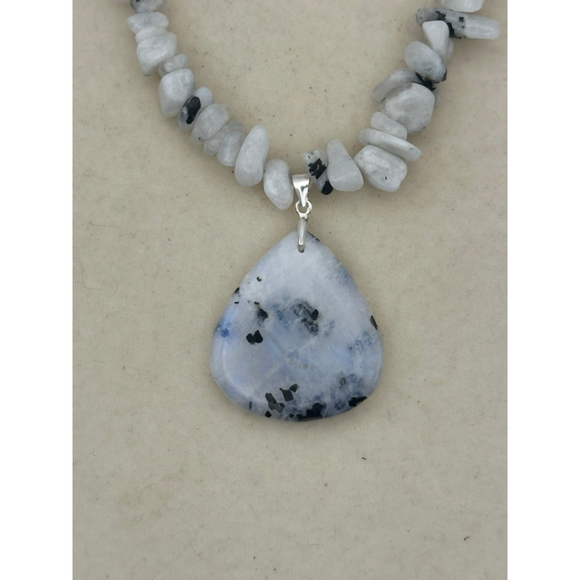 Rainbow Moonstone Chips and Teardrop Pendant Necklace on Black Faux Suede - Picture 1 of 9